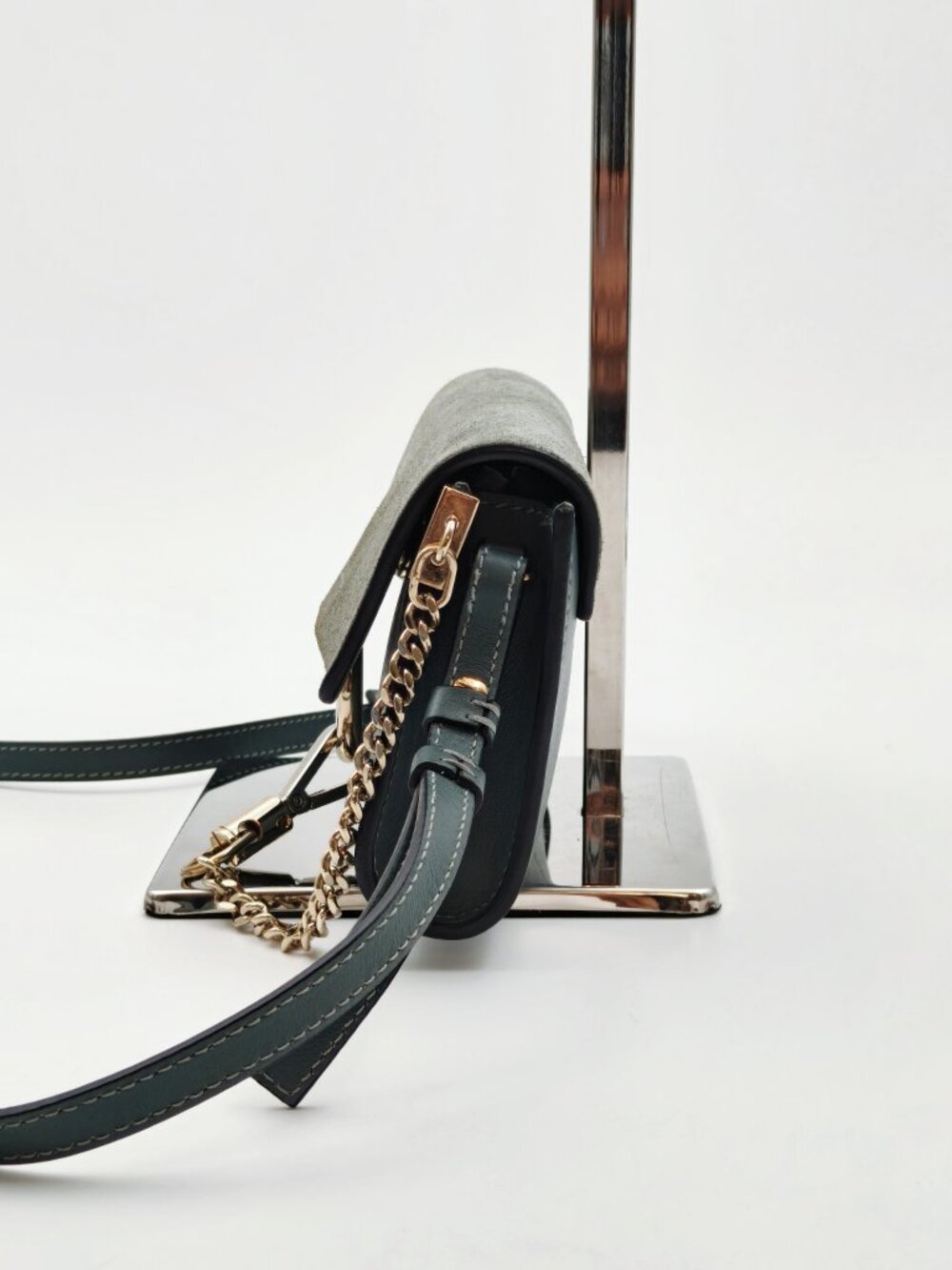 Chloé Faye Small Crossbody Bag Dark Green Suede Leather Gold Chain Authentic - Picture 3 of 12